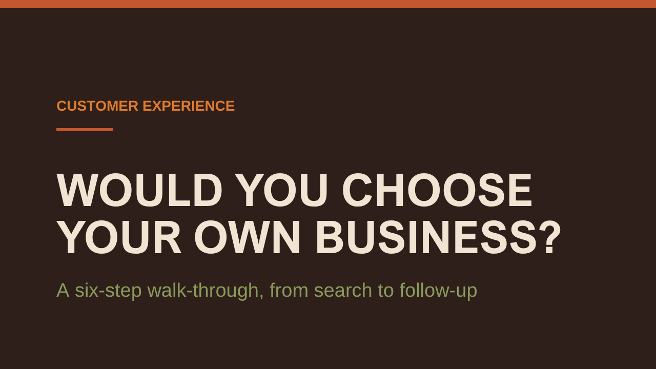 Would you choose your own business? A six-step walk-through, from search to follow-up.